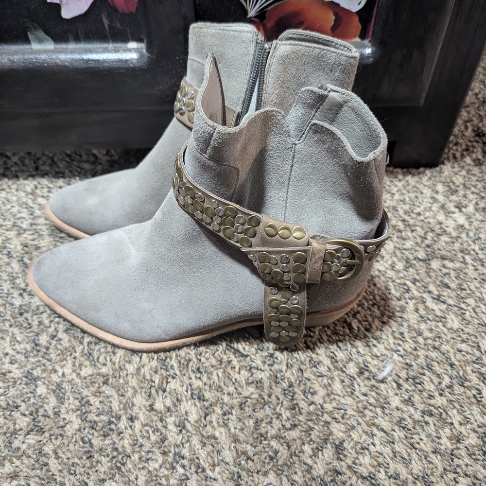 Antelope Gray Ankle Boots with Brass Studded Strap